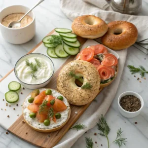 A toasted bagel with cream cheese, smoked salmon, capers, and dill, served on a rustic ceramic plate with a linen napkin.