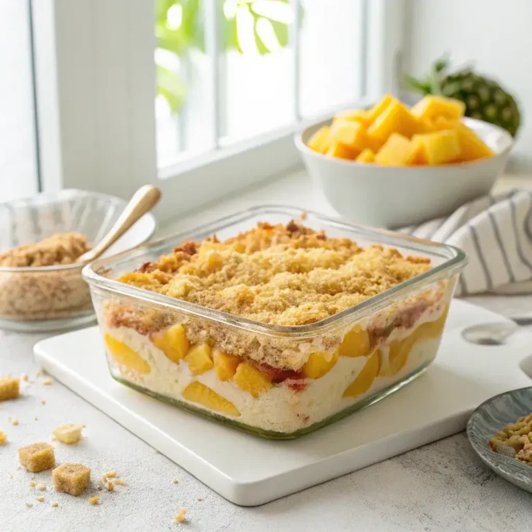 Side view of a glass casserole dish with colorful layers of pineapple, melted cheese, and crispy golden cracker crumbs on a white countertop.