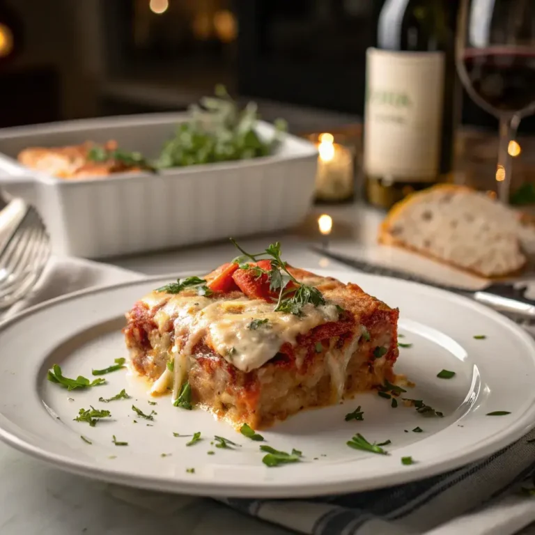 A close-up of a single serving of Totino’s Pizza casserole on a white plate with fresh herb garnishes.