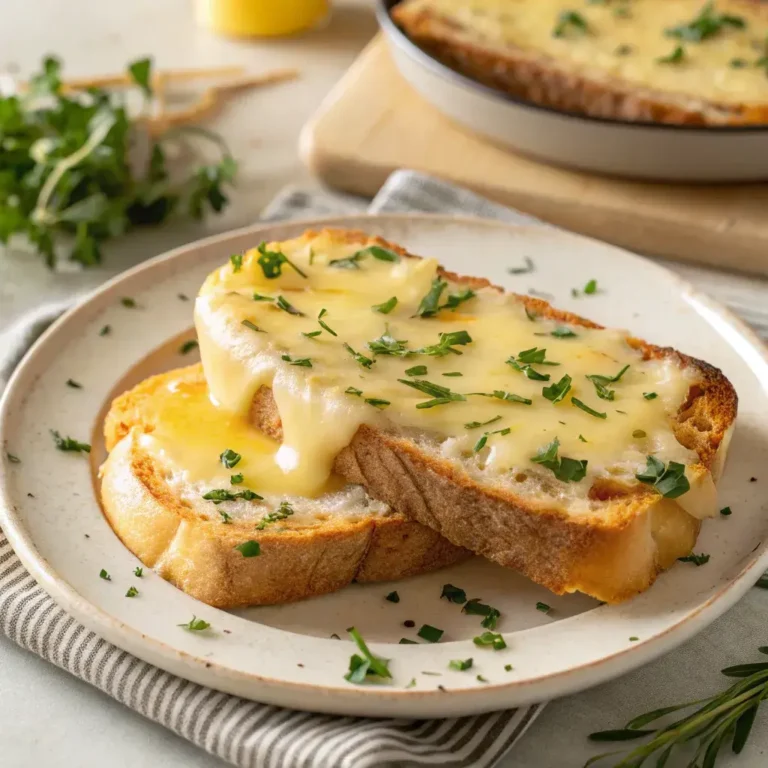 Toasted Bimbo bread with melted cheddar cheese, butter, and fresh herbs, served on a plate.