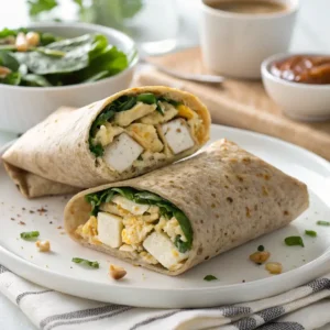 A healthy whole wheat breakfast burrito filled with egg whites, grilled chicken, spinach, and feta cheese, served with a side of mixed greens.