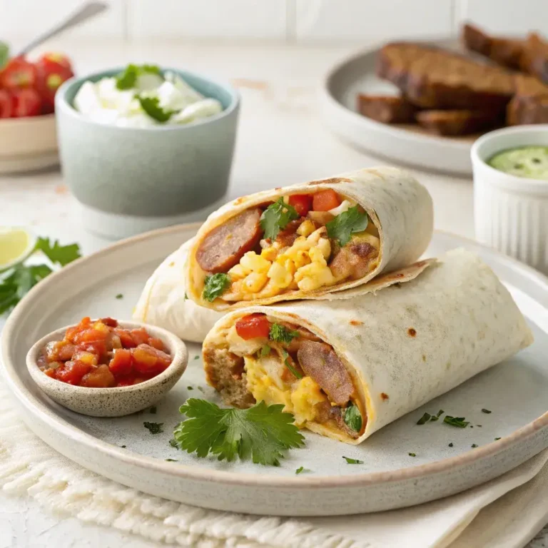 An unwrapped Costco breakfast burrito cut in half, with layers of sausage, eggs, hash browns, and cheese on a plate with salsa.