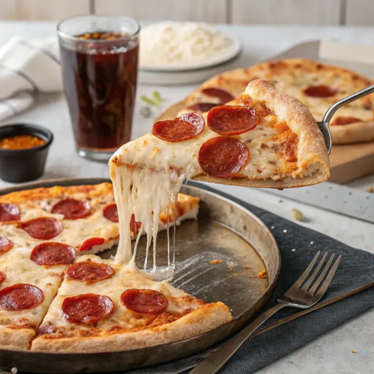 Pizza Bolis pepperoni pizza slice with gooey cheese and crispy pepperoni lifted from the tray.