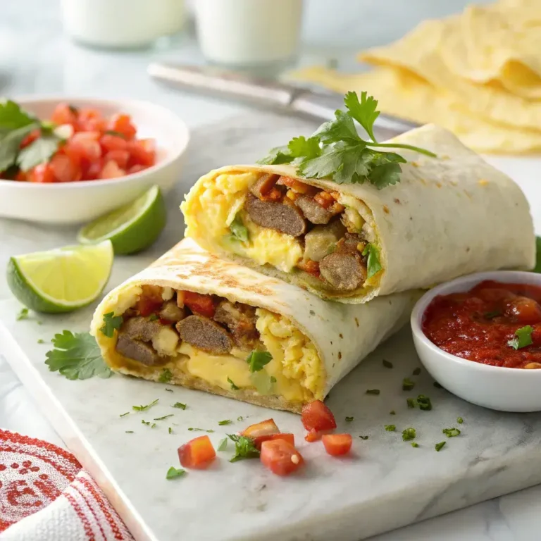A sliced red's breakfast burrito with layers of eggs, hash browns, sausage, and cheese, garnished with cilantro and served with lime and salsa.