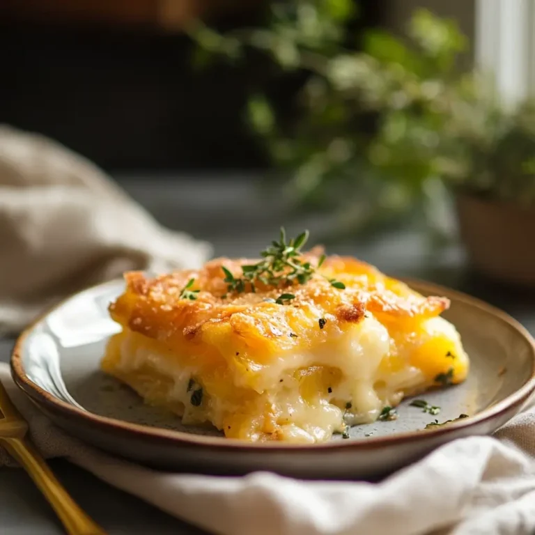 A serving of pineapple and cheese casserole on a ceramic plate, topped with crispy crackers and garnished with fresh herbs.