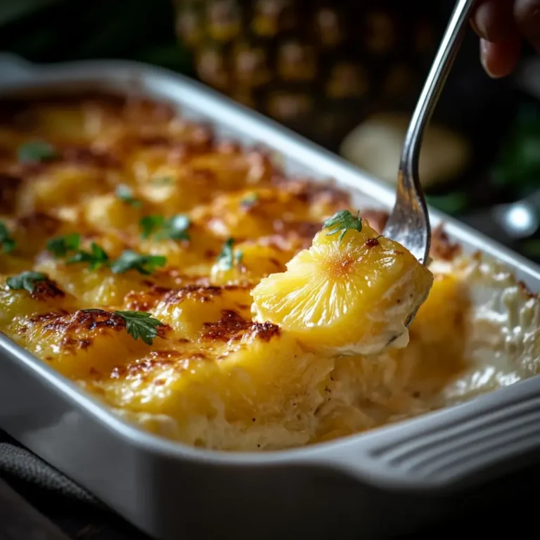 A glass casserole dish layered with pineapple chunks, melted butter, cheese, and a cracker topping, ready for baking.