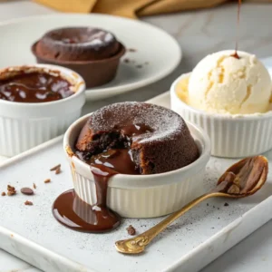 A molten chocolate lava cake from a slow cooker recipe book, served with vanilla ice cream, under soft natural light.