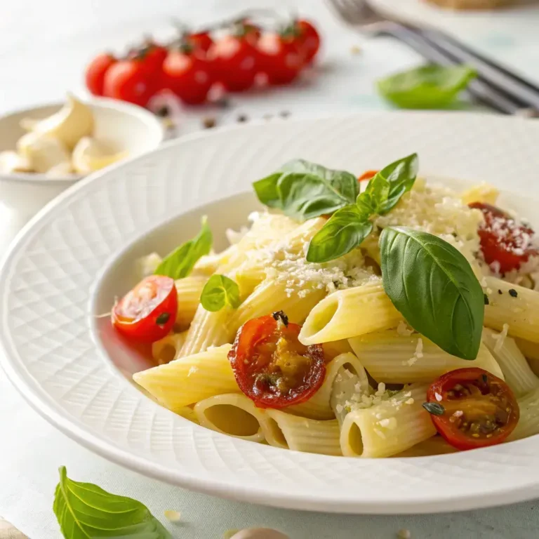 Final presentation of Barilla pasta recipe garnished with basil, Parmesan cheese, cherry tomatoes, and garlic.