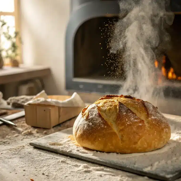 A close-up view of a golden artisan bread loaf emerging from a bread oven, its crisp crust steaming in soft light.