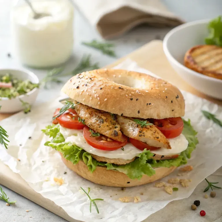 A the better bagel sandwich with grilled chicken, lettuce, tomatoes, and garlic aioli, placed on parchment paper under natural light.
