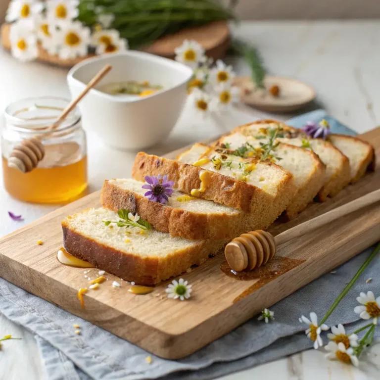 Slices of wildflower bread drizzled with honey, garnished with fresh wildflowers, arranged on a wooden board.